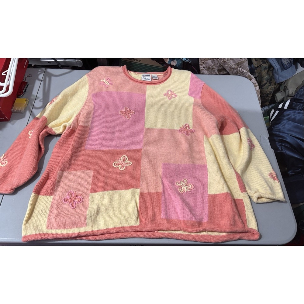 3X CJ Banks Patchwork Butterfly Pink Sweater